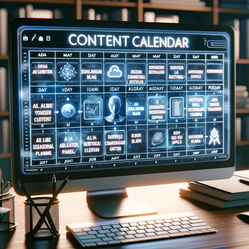 Digital content calendar with AI-generated blog titles, illustrating strategic blogging and effective content planning.