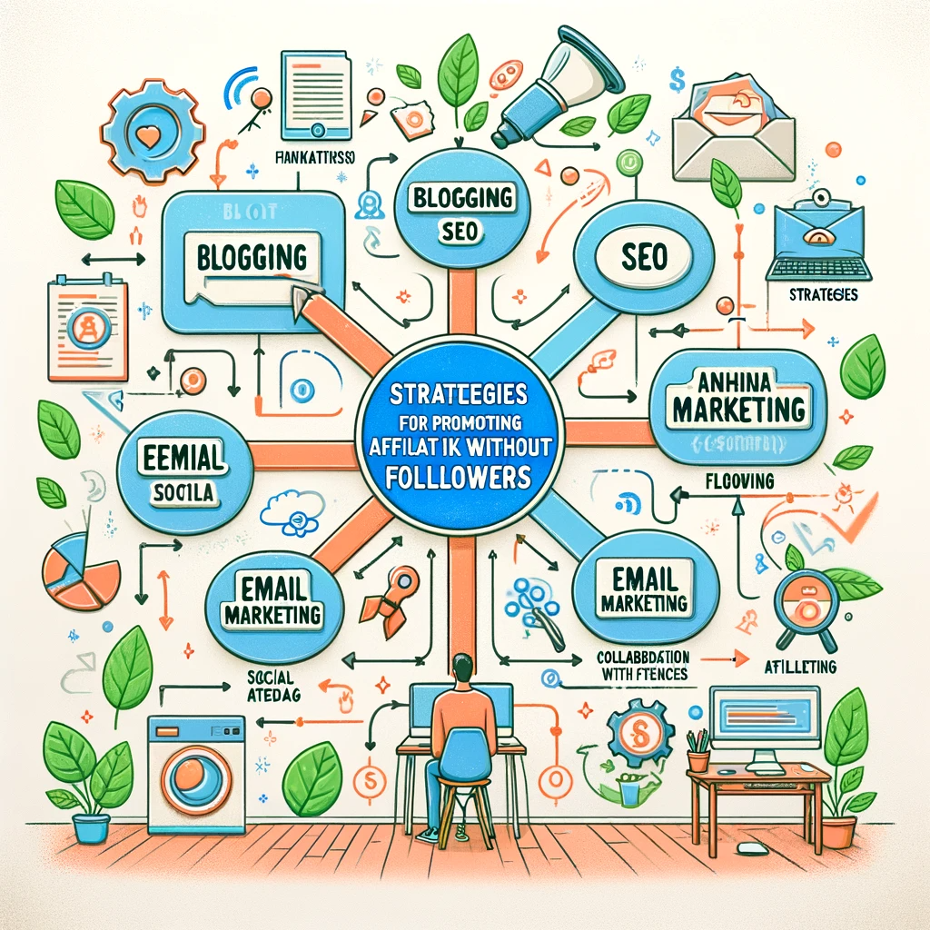 Strategies in affiliate marketing diagram - blogging, SEO, email marketing, and influencer collaboration.