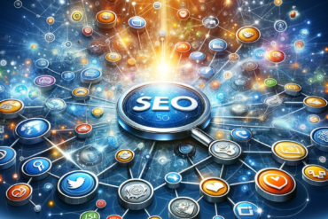 Digital network depicting the synergy between SEO and social media marketing, with interconnected elements and information flow