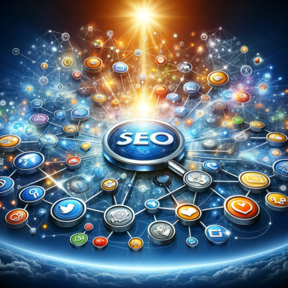 Digital network depicting the synergy between SEO and social media marketing, with interconnected elements and information flow