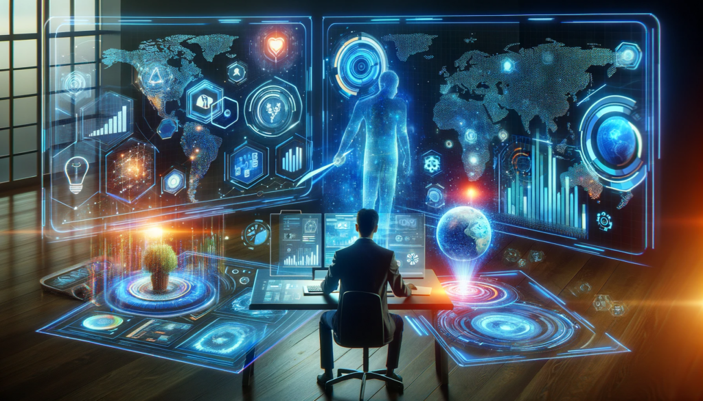 Futuristic visualization of digital marketing, showcasing AI, predictive analytics, and holographic displays in creating personalized marketing campaigns.