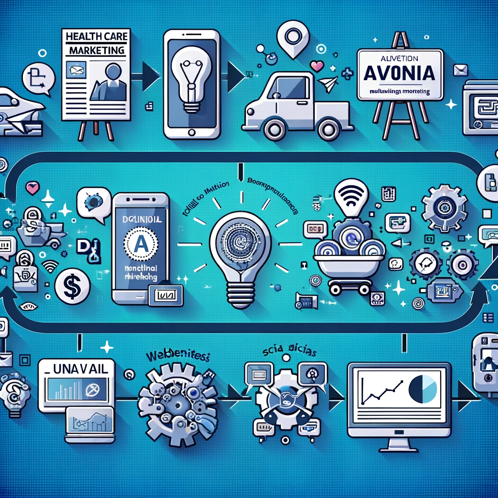 The diagram depicts the evolution of healthcare marketing, showcasing a timeline transition from traditional methods to modern digital techniques. It includes icons for print ads, billboards, websites, social media, and AI analytics, providing an insightful historical perspective on how healthcare marketing has adapted and evolved over time.