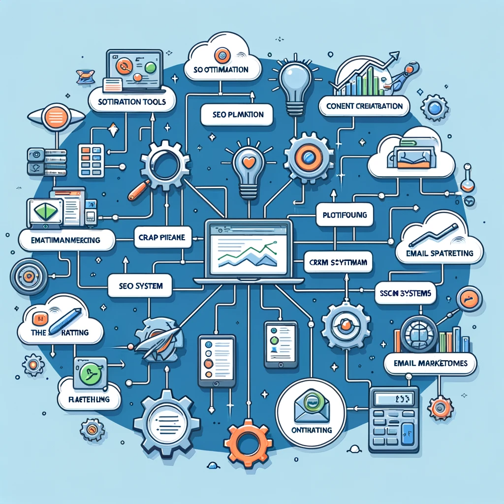 Flowchart of affiliate marketing tools - SEO optimization, content creation, CRM systems, and email marketing interconnections.