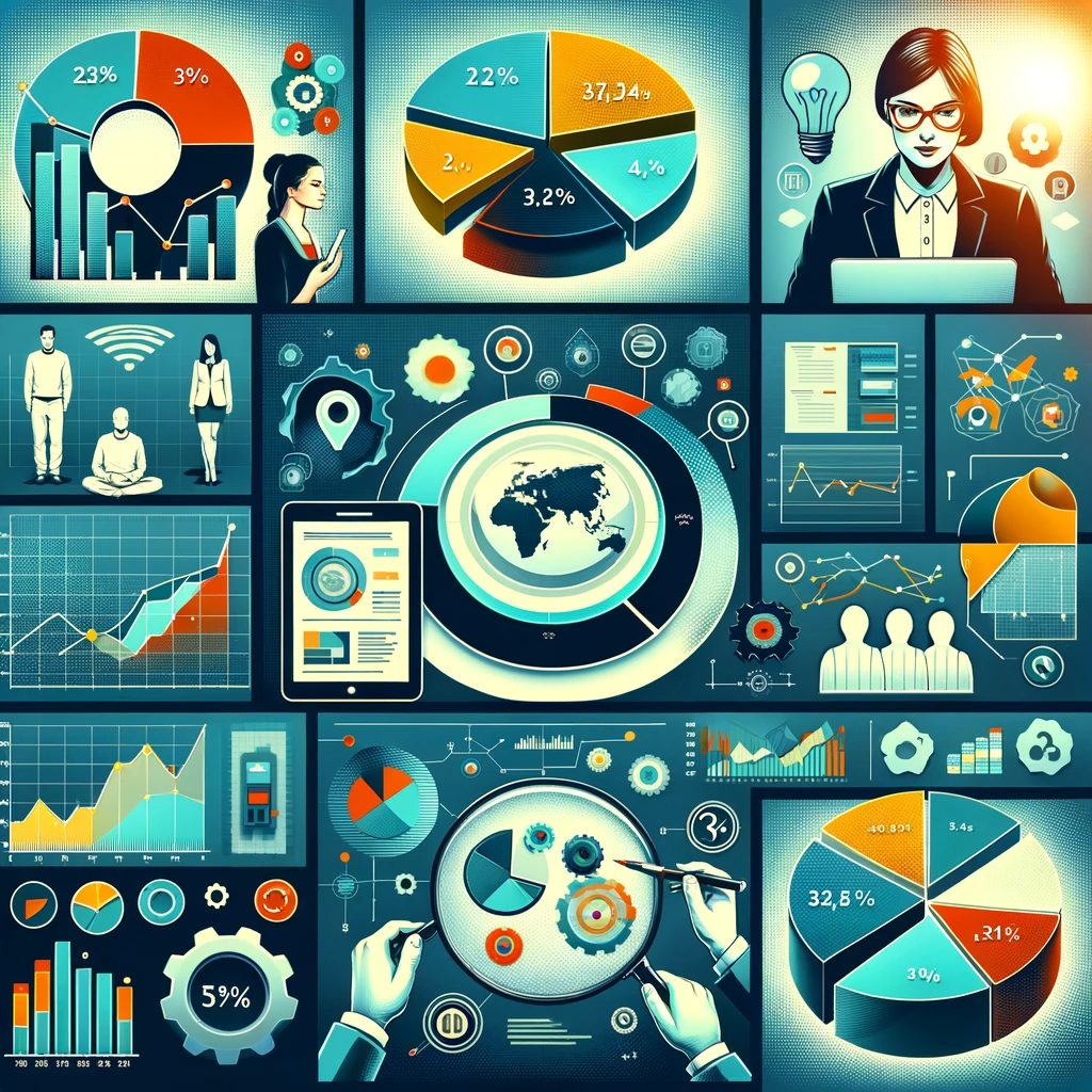 Collage of web analytics pie chart, customer data profile, and conversion rate graph, representing various types of digital marketing analytics.