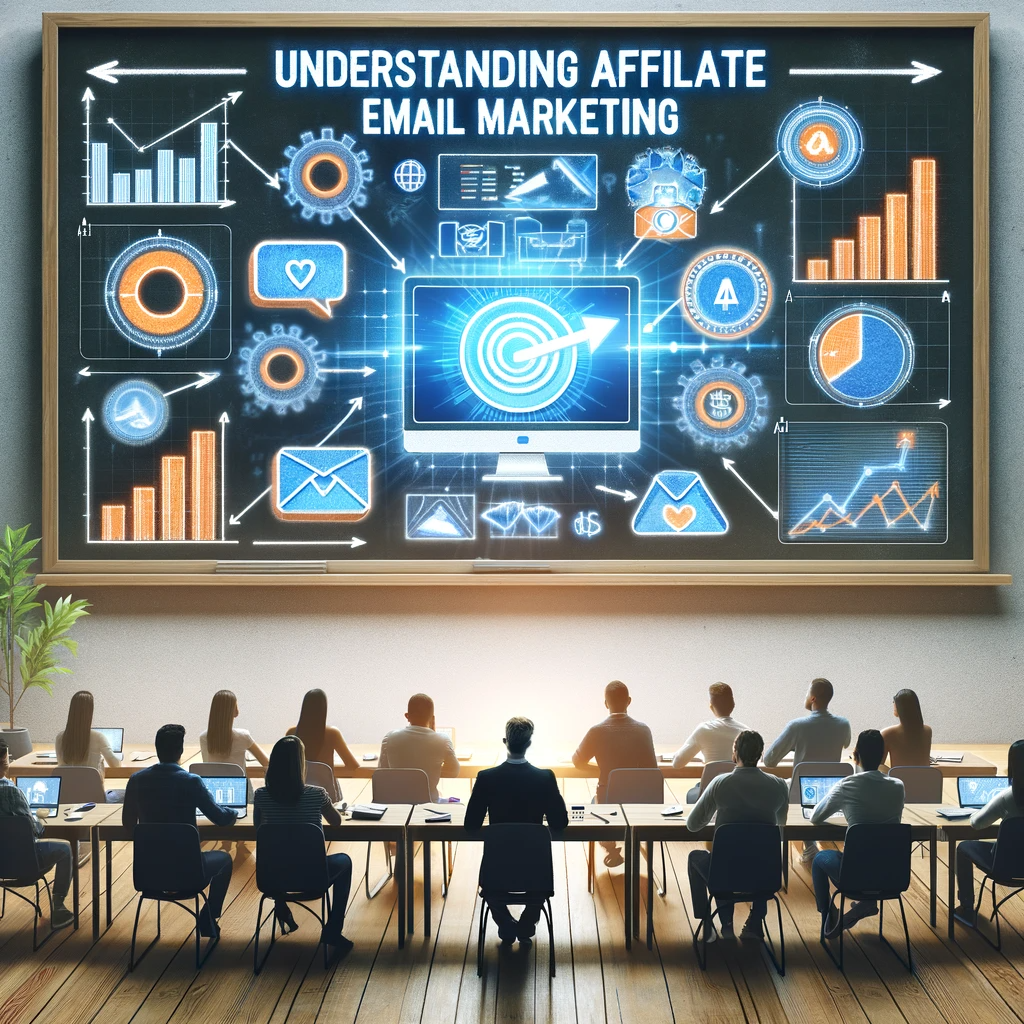 Digital classroom with students learning about affiliate email marketing, featuring email graphs and affiliate icons on a large screen.