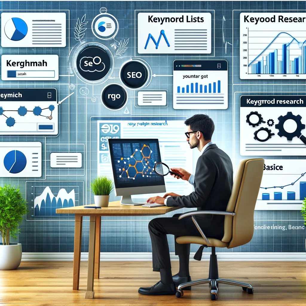 Professional analyzing SEO data with graphs, keyword lists, and search engine results on multiple screens, depicting the basics of keyword research