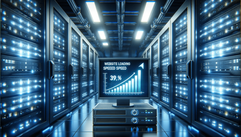 Modern data center with advanced servers and a display showing fast website loading speeds, symbolizing efficient web hosting.