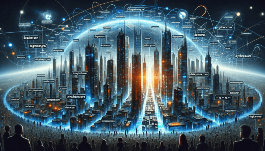 Futuristic cityscape panorama representing the vast internet universe with skyscrapers labeled with various domain names and a diverse group of people, symbolizing the global reach and dynamic nature of the internet.