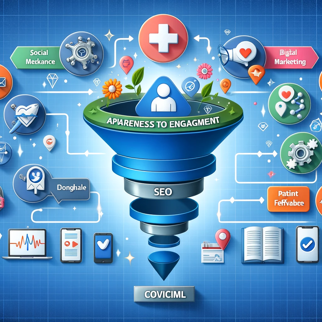 This diagram creatively illustrates the digital marketing funnel in healthcare, delineating stages from awareness to conversion. It features icons representing different digital marketing tools like social media, SEO, email marketing, and patient feedback at each stage, offering a clear visualization of how each tool contributes to the overall marketing strategy