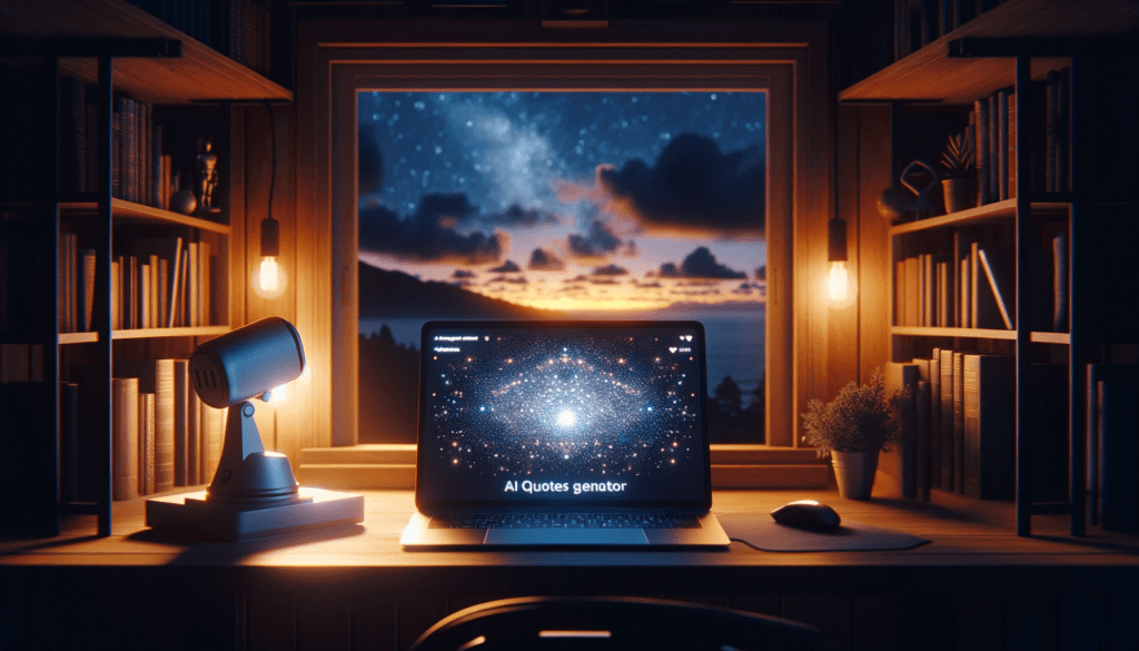 Serene home office at night with a laptop displaying AI Quotes Generator, glowing with philosophical quotes, conveying a sense of contemplation and inspiration in a peaceful setting.