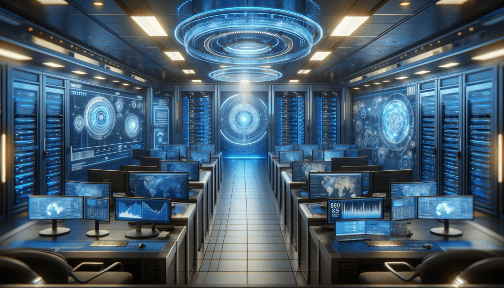Futuristic blue-lit server room with a focus on cutting-edge web hosting technology for optimal SEO performance.