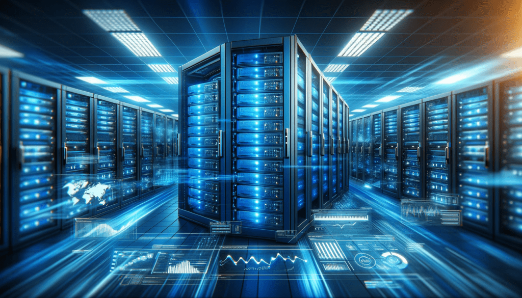 Modern data center with blue-hued server racks, representing the power of fast and reliable hosting for SEO and traffic growth.