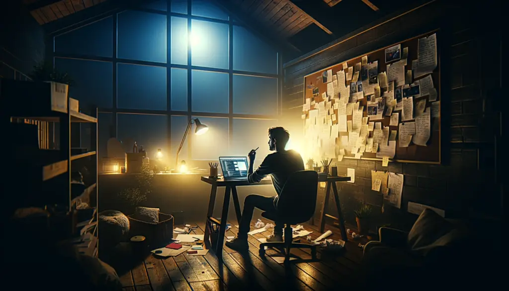 YouTube content creator captures a moment of inspiration during a night brainstorming session with a notepad and pen.