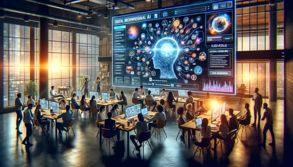 This image depicts a digital brainstorming session where a diverse team collaborates with an AI interface, showing the synergy between human creativity and AI's computational power in planning content strategy.