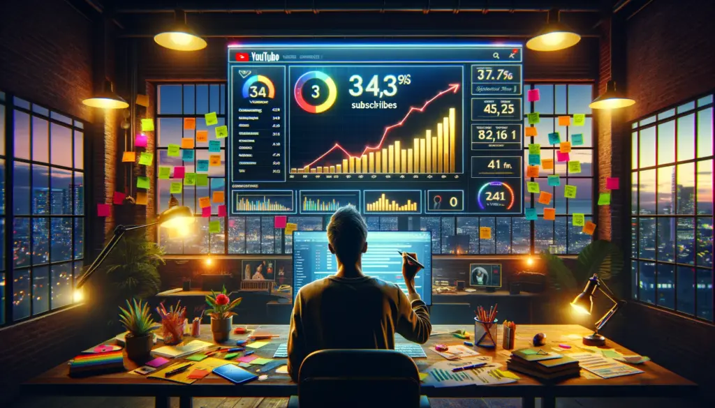  YouTube content creator excitedly analyzes video performance metrics on a digital tablet with colorful graphs and notes.