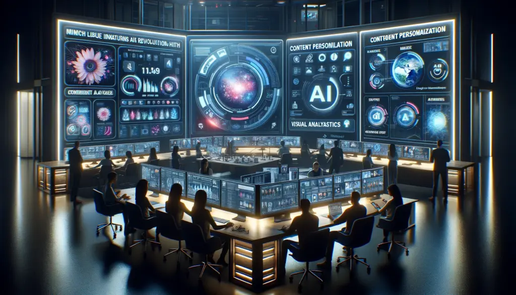 Futuristic command center with marketers using advanced AI tools for Instagram content personalization, highlighting the integration of AI analytics and visual analysis in social media marketing.