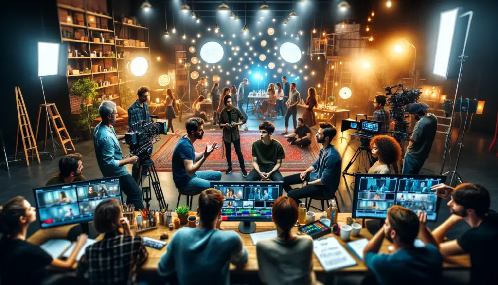 Behind-the-scenes look at a video production studio, highlighting a director and actor focusing on storytelling, with crew members adjusting equipment and discussing best video marketing strategies to implement.