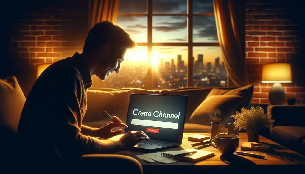Content creator finalizing their YouTube channel name in a cozy living room at dusk, with a laptop's glow reflecting determination and the start of a new journey against a cityscape backdrop