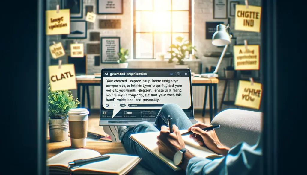 Creative professional editing an AI-generated Instagram caption on a laptop in a bright office, surrounded by inspirational notes, symbolizing the fusion of technology and personal creativity.