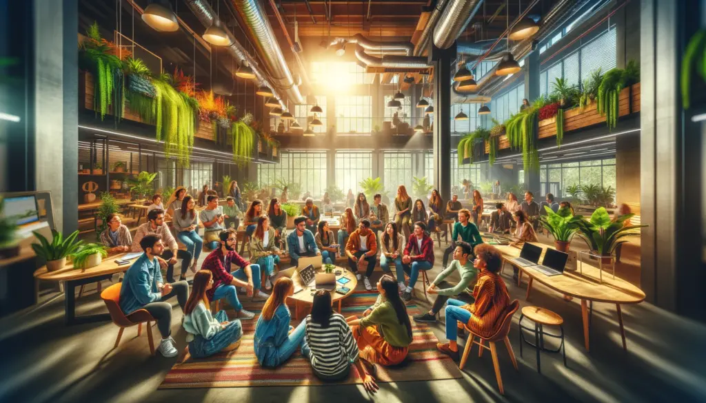 Diverse group of Generation Z individuals engaging in discussion in an eco-friendly co-working space, highlighting digital nativity and sustainability values that can be implemented in their Gen Z marketing strategies.