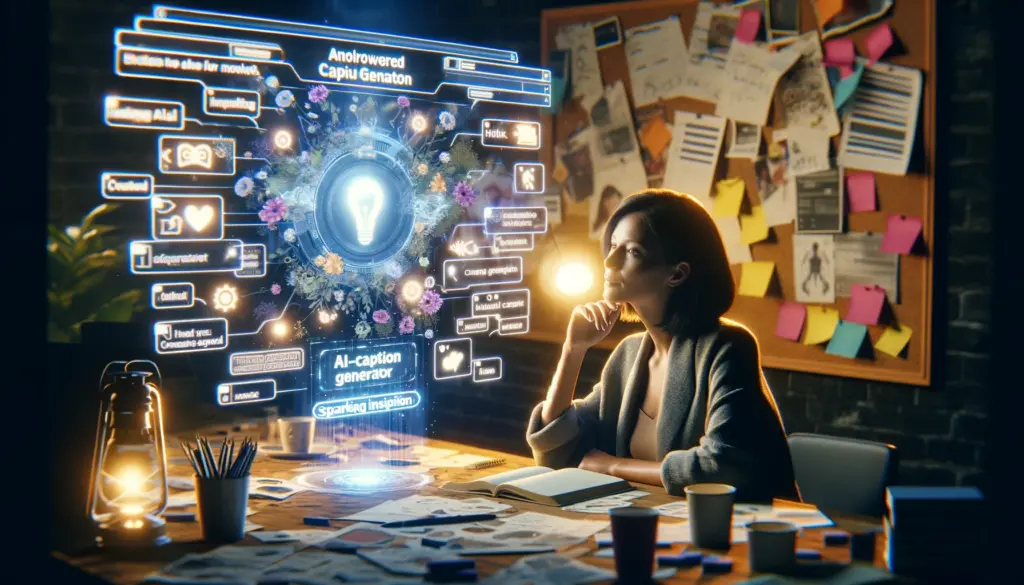 Marketer finds inspiration using an AI caption generator, surrounded by creative mood boards, highlighting the fusion of human creativity and artificial intelligence in social media content creation