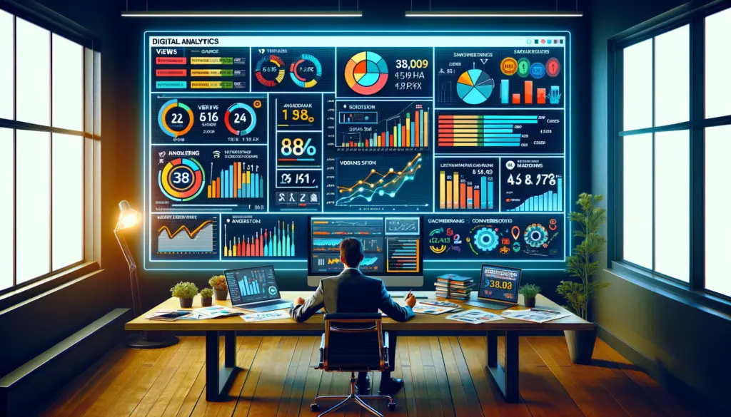 A marketer analyzes a digital dashboard showing video marketing metrics like views and engagement, indicating strategic planning and continuous improvement.