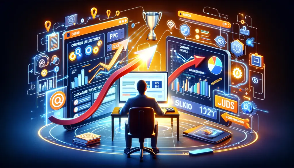 Digital marketing analytics dashboard showing PPC and CPC campaign data with click-to-conversion pathway and trophy symbolizing high conversion rates.