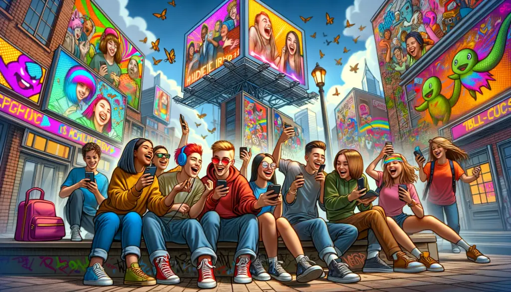 Gen Z individuals engaging with short-form video content on smartphones in an urban setting adorned with vibrant graffiti and digital billboards.