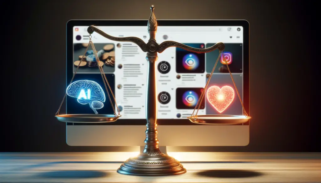 A balanced scale showing equilibrium between AI technology and human creativity, symbolized by a digital brain and a heart, against an Instagram feed background, illustrating the blend of AI-generated content and personal touch.