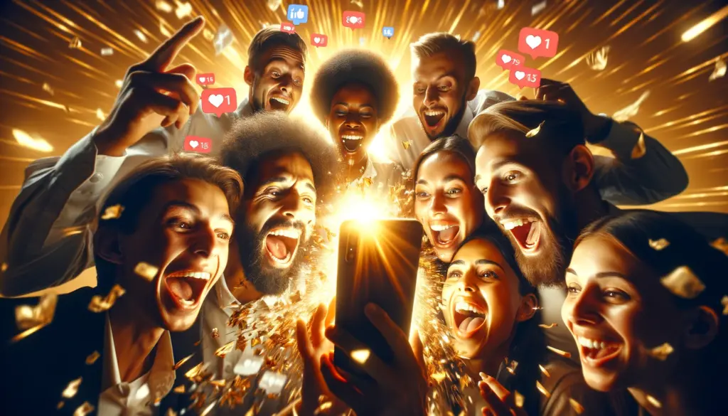 Diverse group of individuals celebrating around a smartphone at golden hour, thrilled by the engagement their Instagram post receives, highlighting the success of using an AI-generated caption