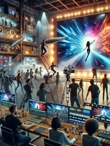 A dynamic video production set in 2024 showcasing a diverse team using advanced filming equipment, highlighting creativity and innovation in video marketing.