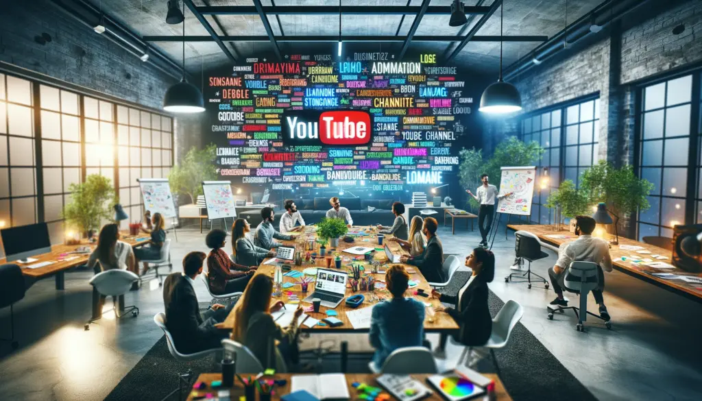 team collaboratively brainstorming YouTube channel names in a modern workspace, highlighting creativity and brand alignment with digital tools and a colorful mind map in the background.