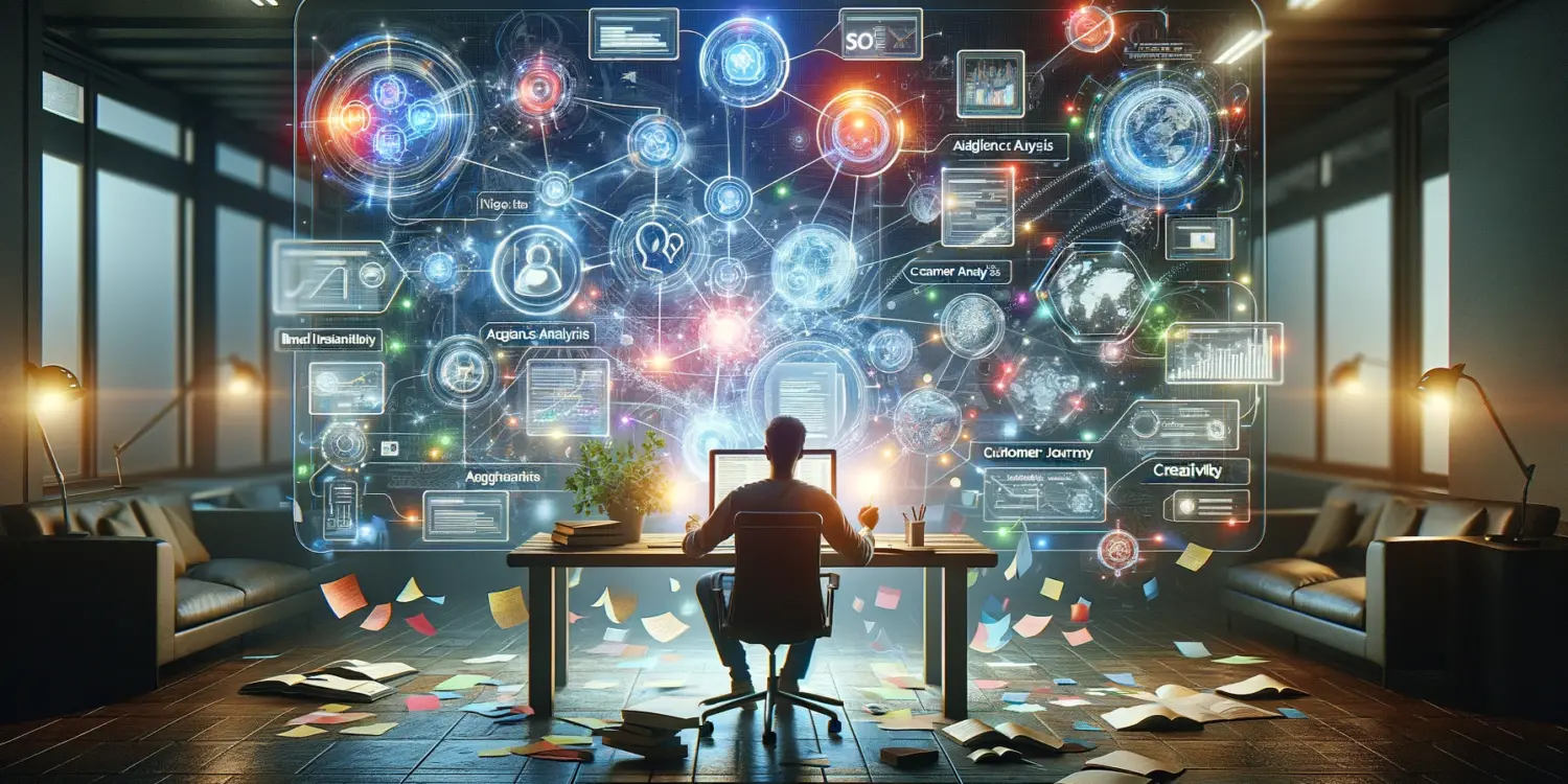A writer focuses on a transparent, floating digital screen displaying a colorful content outline with sections for audience analysis, SEO strategy, and brand identity, symbolizing the innovative process of crafting compelling content in a modern workspace.