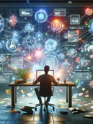 A writer focuses on a transparent, floating digital screen displaying a colorful content outline with sections for audience analysis, SEO strategy, and brand identity, symbolizing the innovative process of crafting compelling content in a modern workspace.