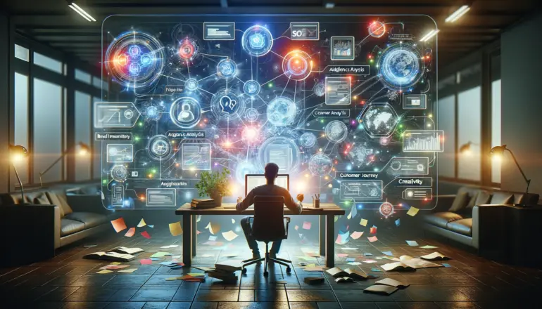 A writer focuses on a transparent, floating digital screen displaying a colorful content outline with sections for audience analysis, SEO strategy, and brand identity, symbolizing the innovative process of crafting compelling content in a modern workspace.