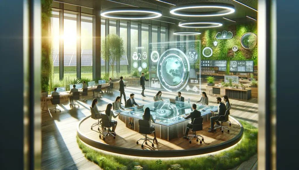 futuristic and sustainable product design session in an eco-friendly office environment