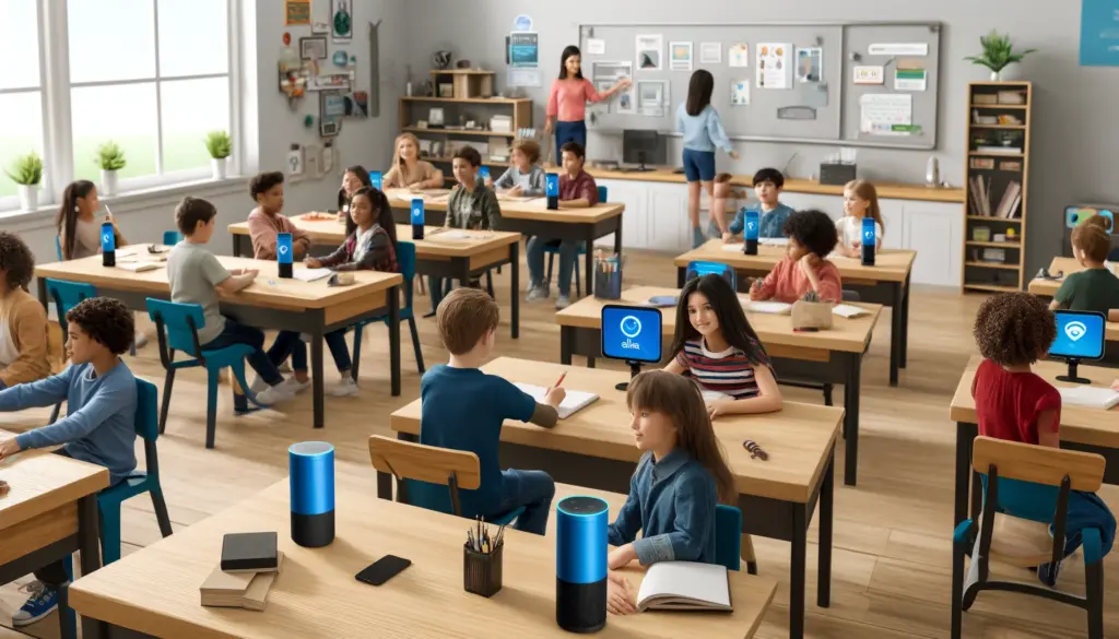 Students of diverse backgrounds engage with Amazon Alexa for educational activities in a brightly colored, high-tech classroom, demonstrating the benefits of interactive learning.