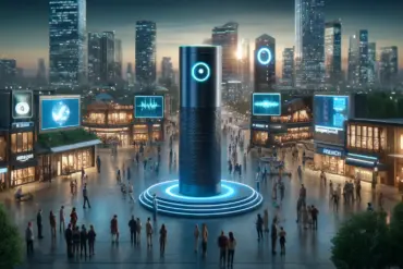 Amazon Echo devices in a public square where Alexa Marketing is used, where diverse people interact with voice-command installations, under vibrant LED screens and ambient lighting.