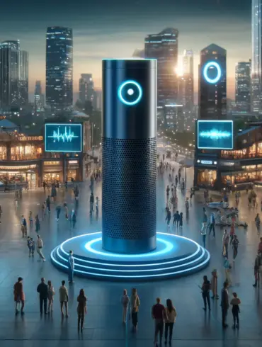 Amazon Echo devices in a public square where Alexa Marketing is used, where diverse people interact with voice-command installations, under vibrant LED screens and ambient lighting.