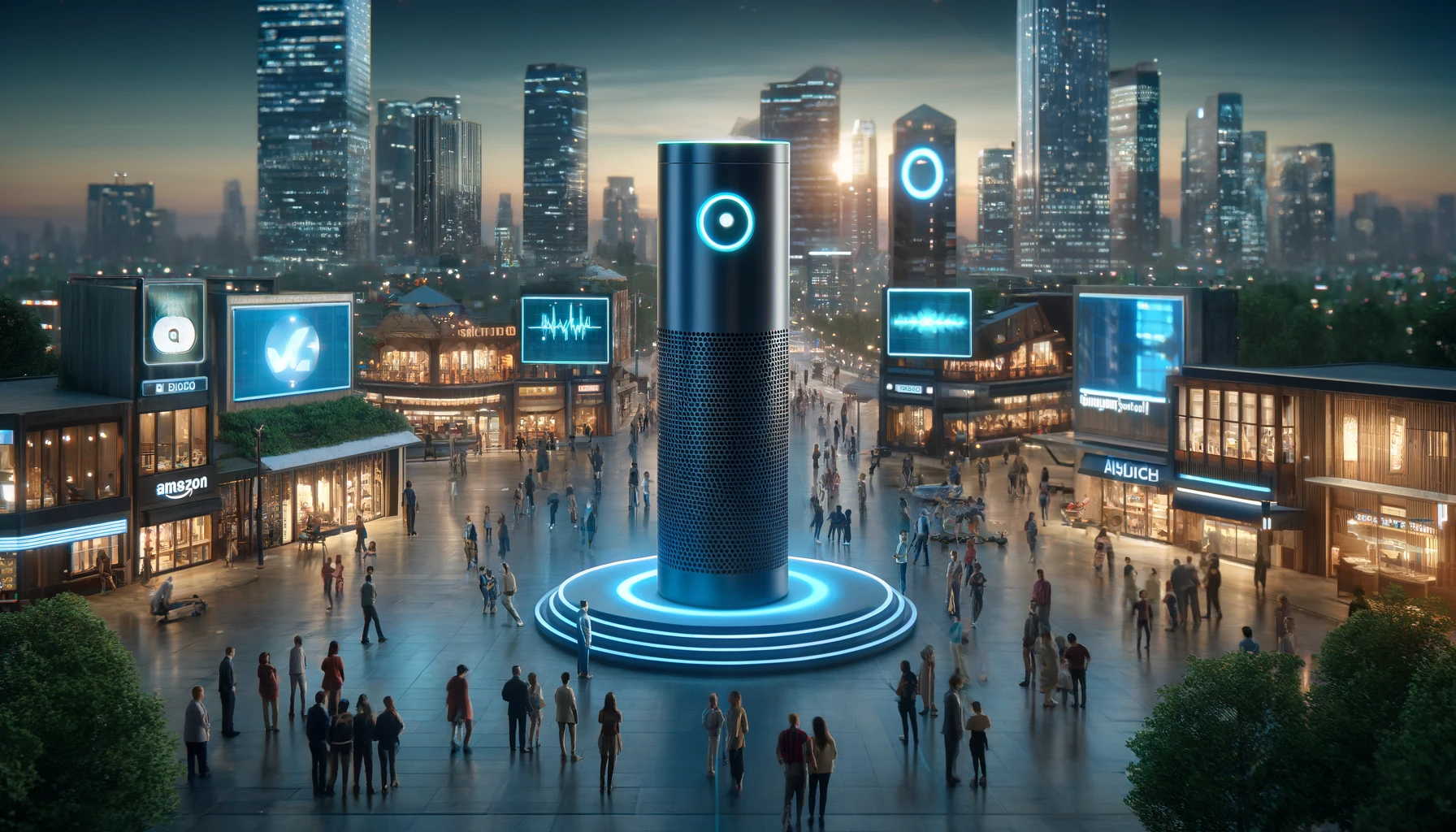 Amazon Echo devices in a public square where Alexa Marketing is used, where diverse people interact with voice-command installations, under vibrant LED screens and ambient lighting.