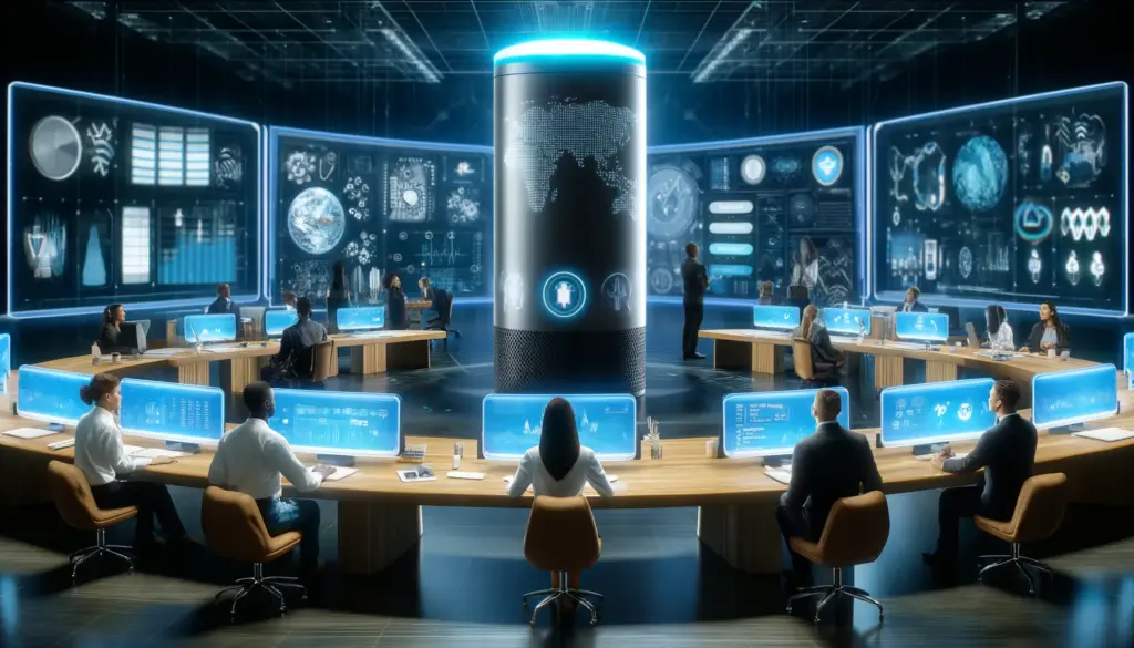 A high-tech digital command center with professionals monitoring Amazon Alexa's impact across various industries like retail and healthcare, showcasing global capabilities and futuristic designs.