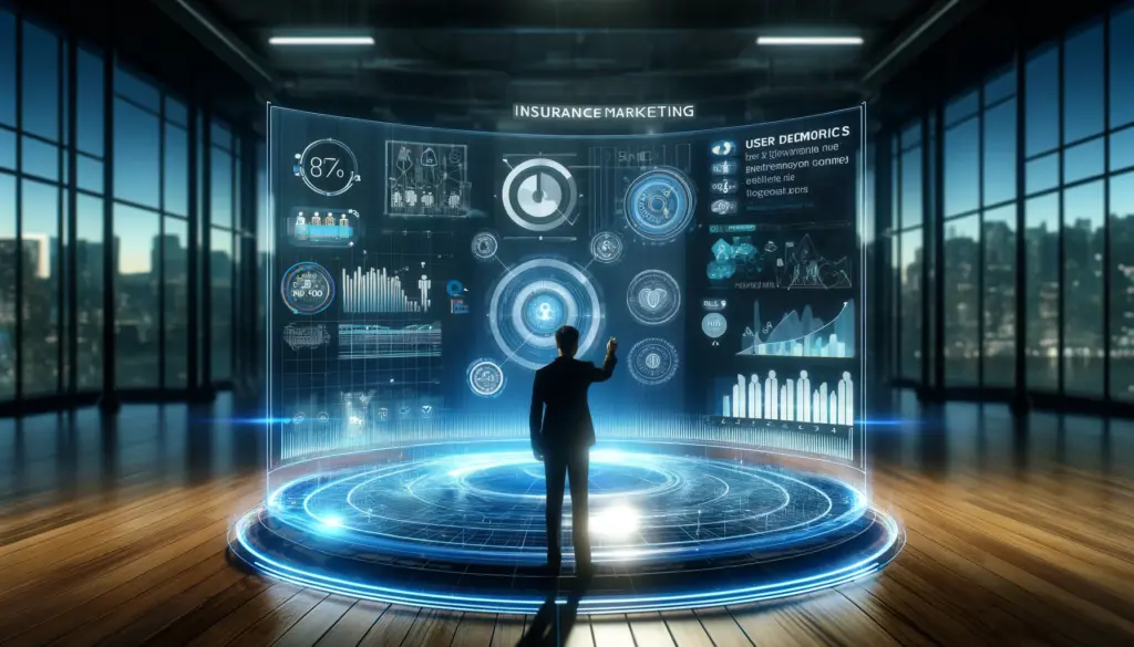 high-tech digital marketing dashboard for insurance, showing analytics with graphs and demographic data, used by a professional marketer through a touchscreen.