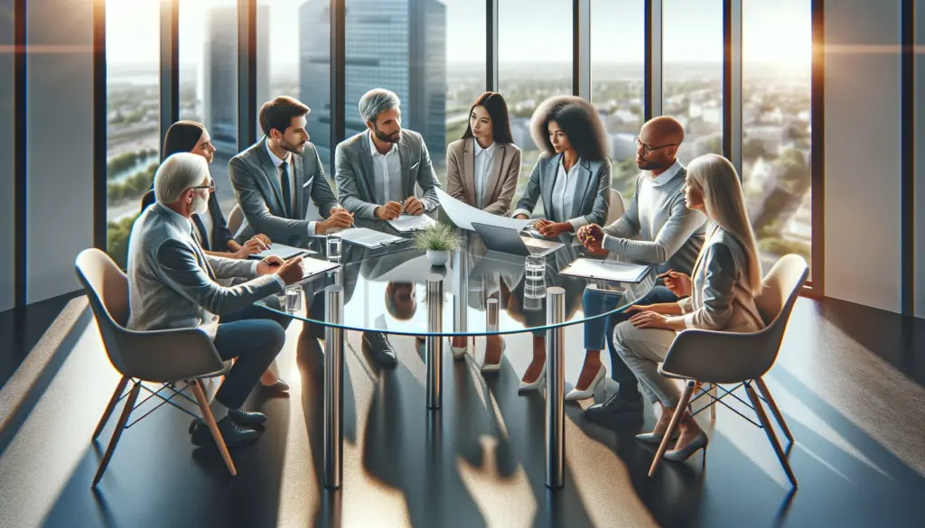 diverse group of people, including seniors and young adults, discussing insurance policies around a modern glass table in a bright office with a cityscape view.