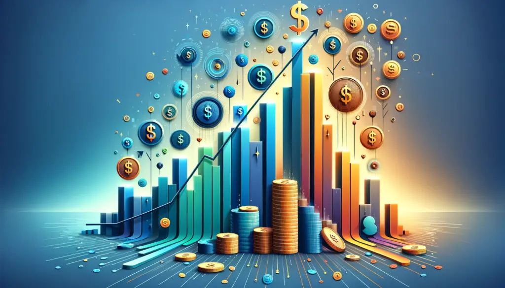 Dynamic bar graph made of escalating coins and dollar signs against a motivational gradient background, illustrating the earning potential in affiliate marketing and print on demand.
