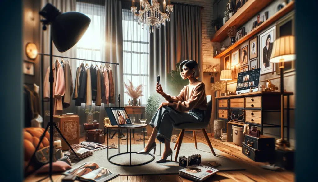 Fashion brand ambassador conducts a live Q&A session, connecting personally with followers in a stylish, brand-aligned setting.