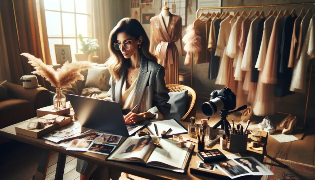 Fashion brand ambassador reviews products in a cozy home office, highlighting their influence and authority in the fashion industry.
