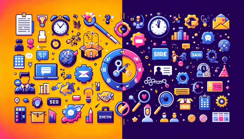 Split-screen layout comparing skills and risks in affiliate marketing and print on demand with vibrant icons depicting content creation, SEO, broken links, and shipping delays.