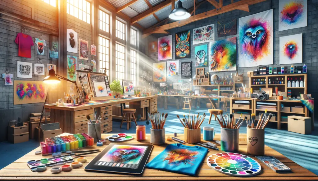 A vibrant artist's workshop filled with tools and customized products, highlighting the creative freedom and operational ease of the print on demand business model.