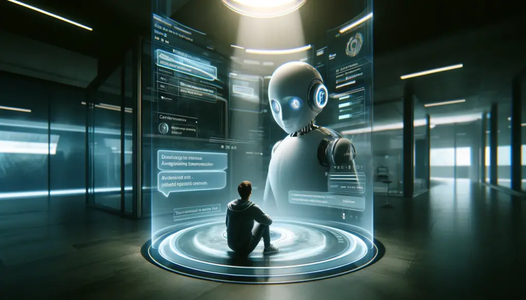 A person engaging with a futuristic chatbot on a digital interface in a modern setting, highlighting advanced AI communication.
