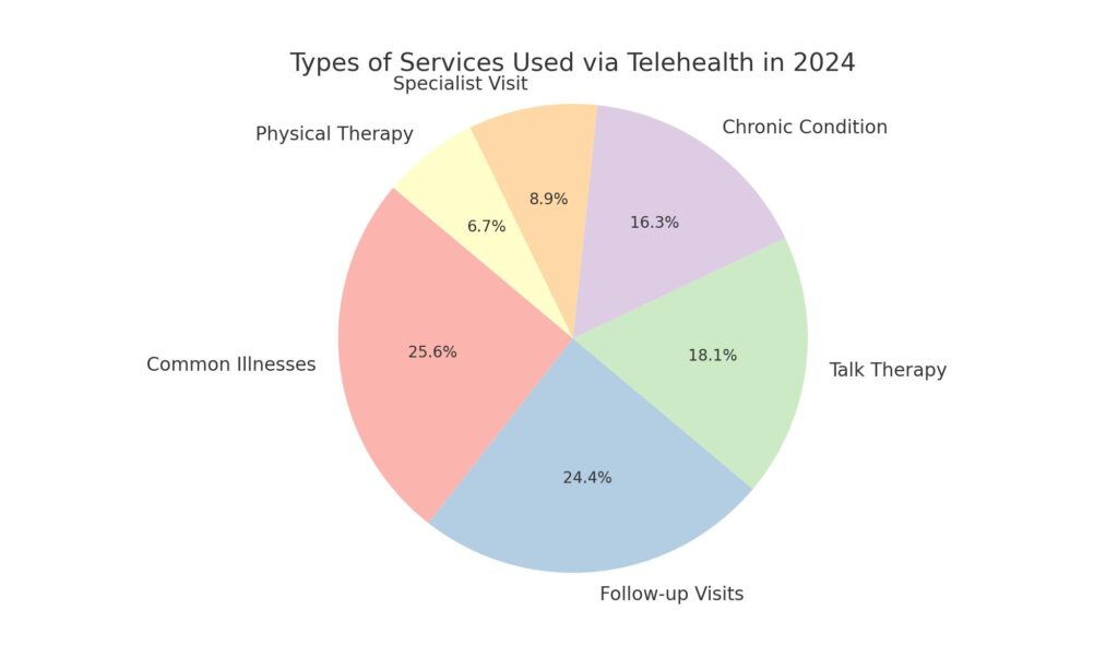 pie chart displaying the "Types of Services Used via Telehealth in 2024"